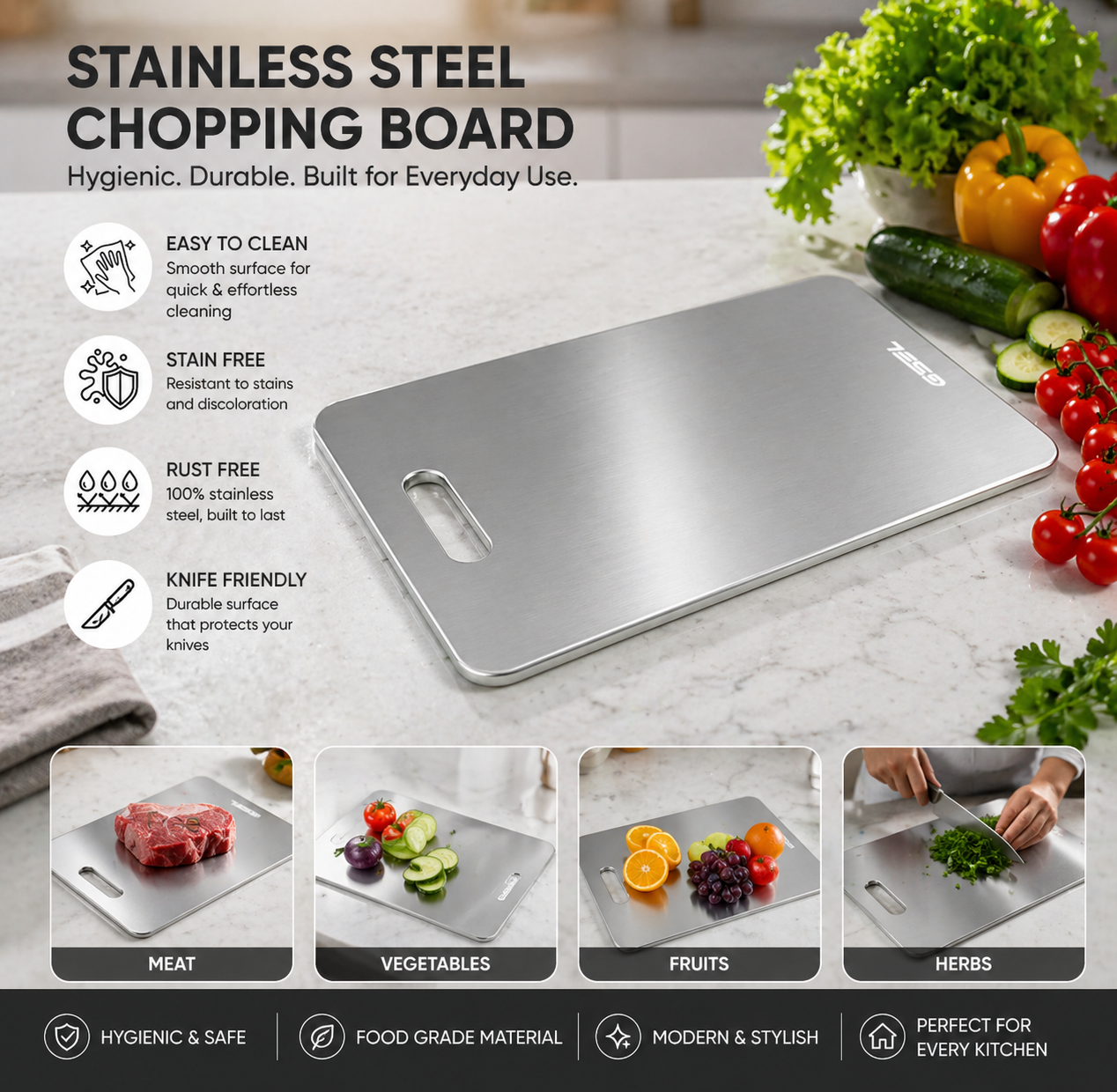GSEL Stainless Steel Cutting Board – Premium Heavy-Duty Chopping Board for Vegetables, Fruits & Meat | Hygienic, Durable, Knife-Safe