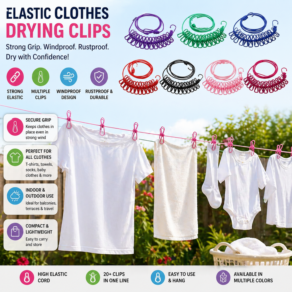 GSEL Portable Elastic Clothes Drying Rope with 12 Clips – Travel Clothesline for Indoor & Outdoor Use (Pack of 2)