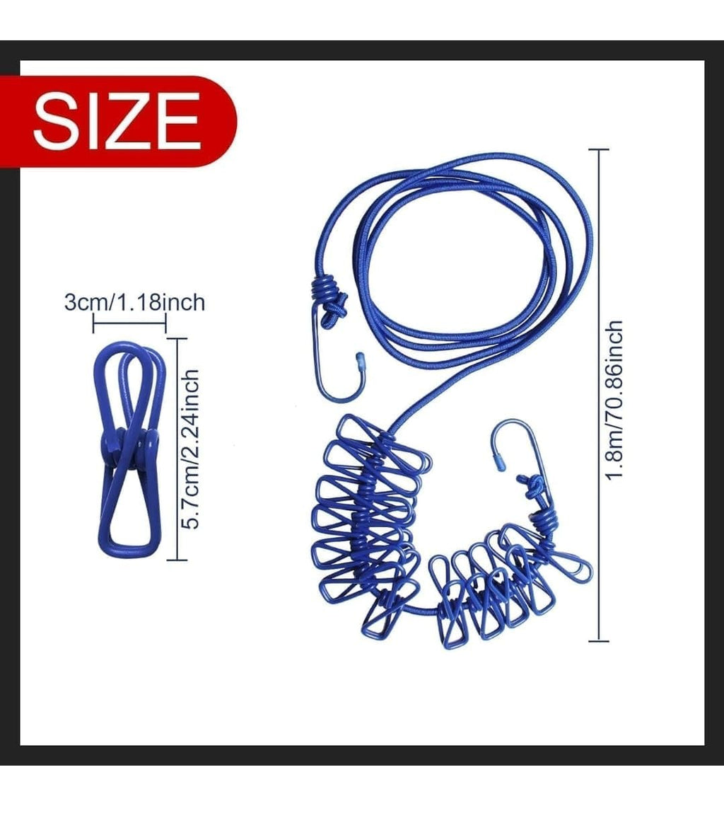 GSEL Portable Elastic Clothes Drying Rope with 12 Clips – Travel Clothesline for Indoor & Outdoor Use (Pack of 2)