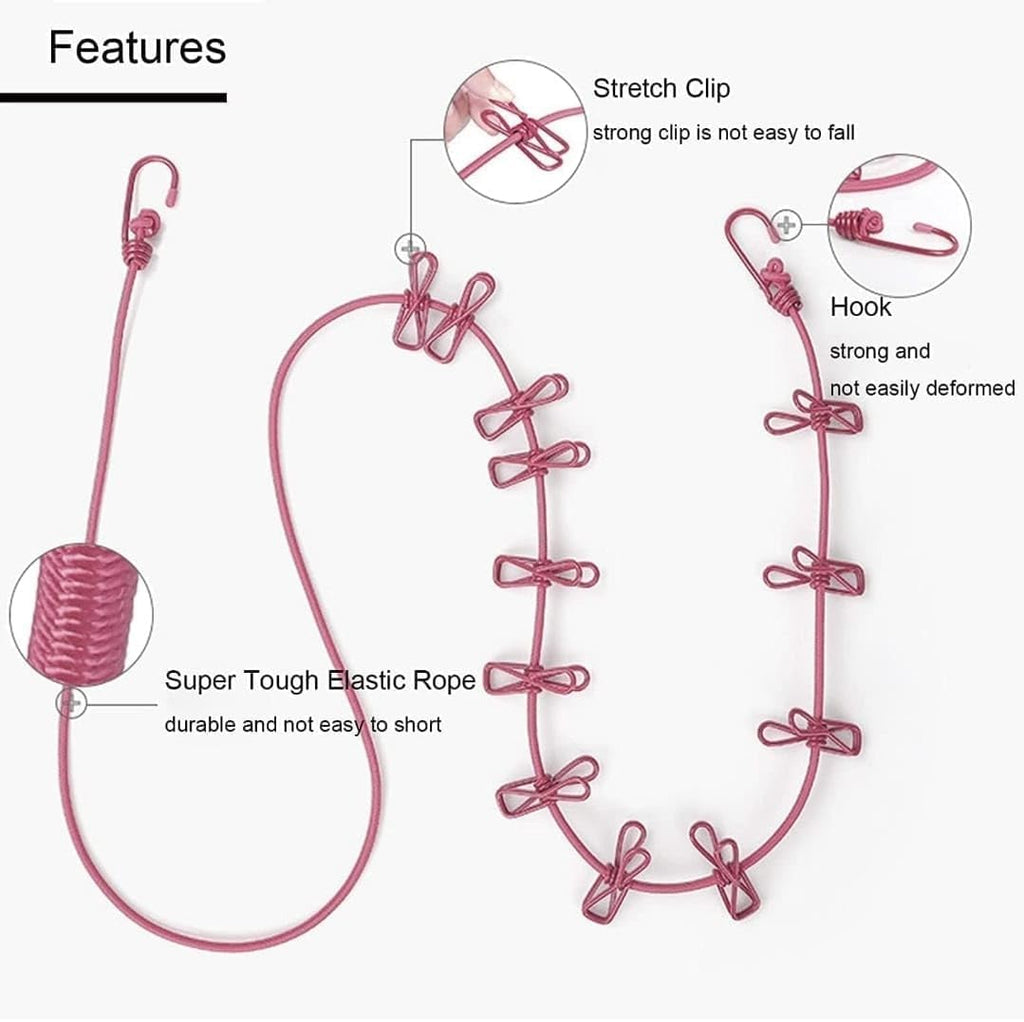 GSEL Portable Elastic Clothes Drying Rope with 12 Clips – Travel Clothesline for Indoor & Outdoor Use (Pack of 2)