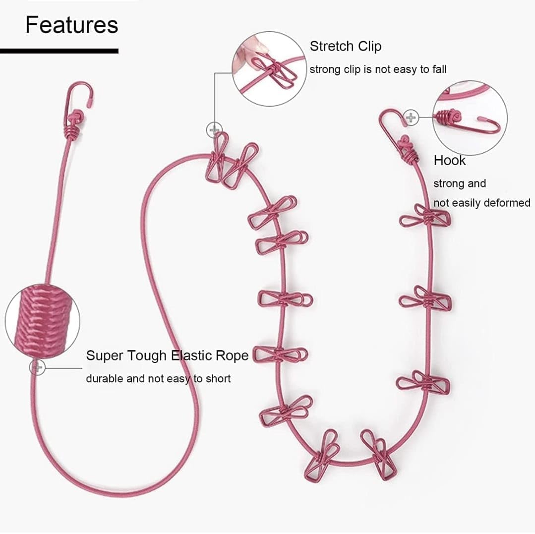 GSEL Portable Elastic Clothes Drying Rope with 12 Clips – Travel Clothesline for Indoor & Outdoor Use (Pack of 2)