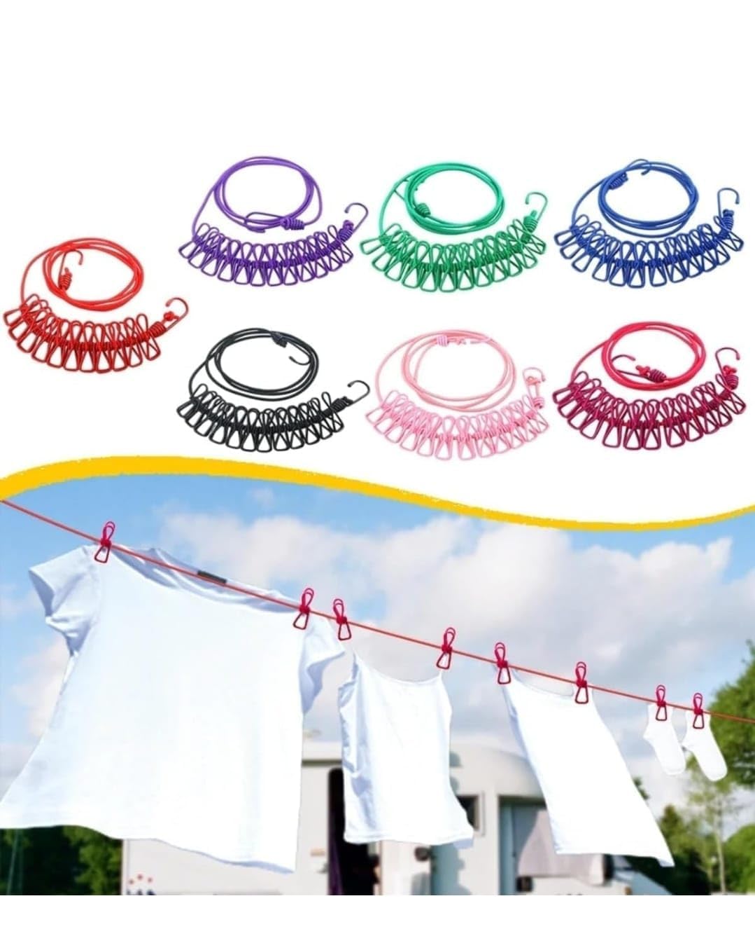 GSEL Portable Elastic Clothes Drying Rope with 12 Clips – Travel Clothesline for Indoor & Outdoor Use (Pack of 2)