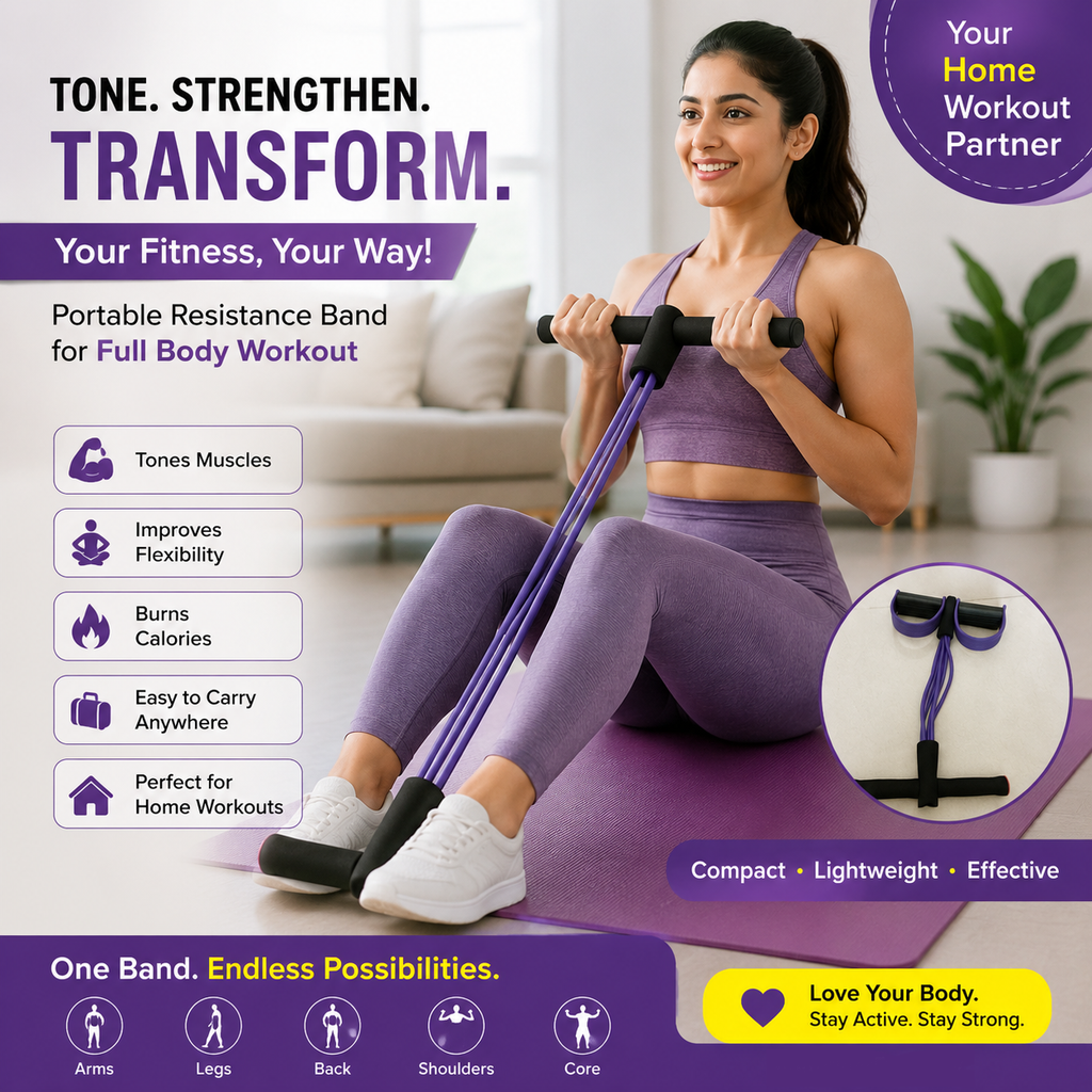 Pull Reducer Resistance Bands (4 Tube) – Natural Rubber Body Trimmer Pedal Exerciser for Abs, Legs & Full Body Workout | Home Gym Fitness Band India