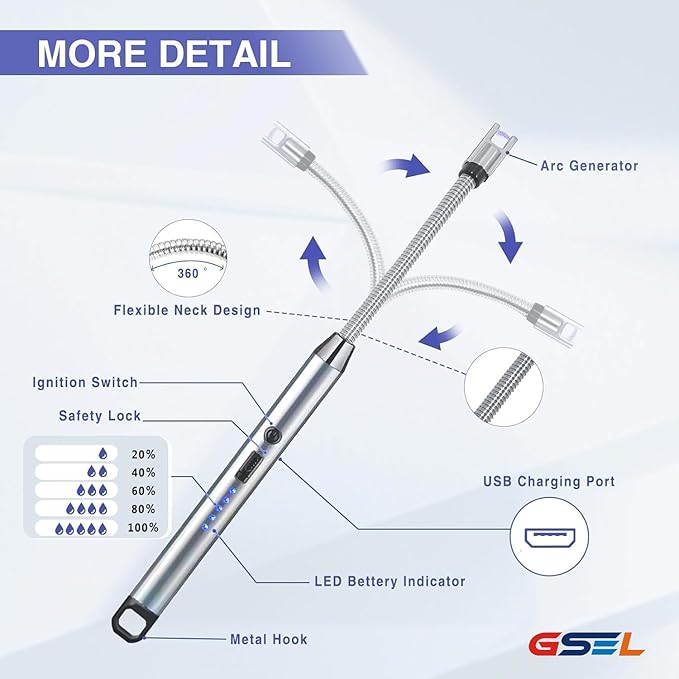 GSEL Electric Rechargeable Plasma Lighter – USB Windproof Gas Stove & Candle Lighter with 360° Flexible Neck