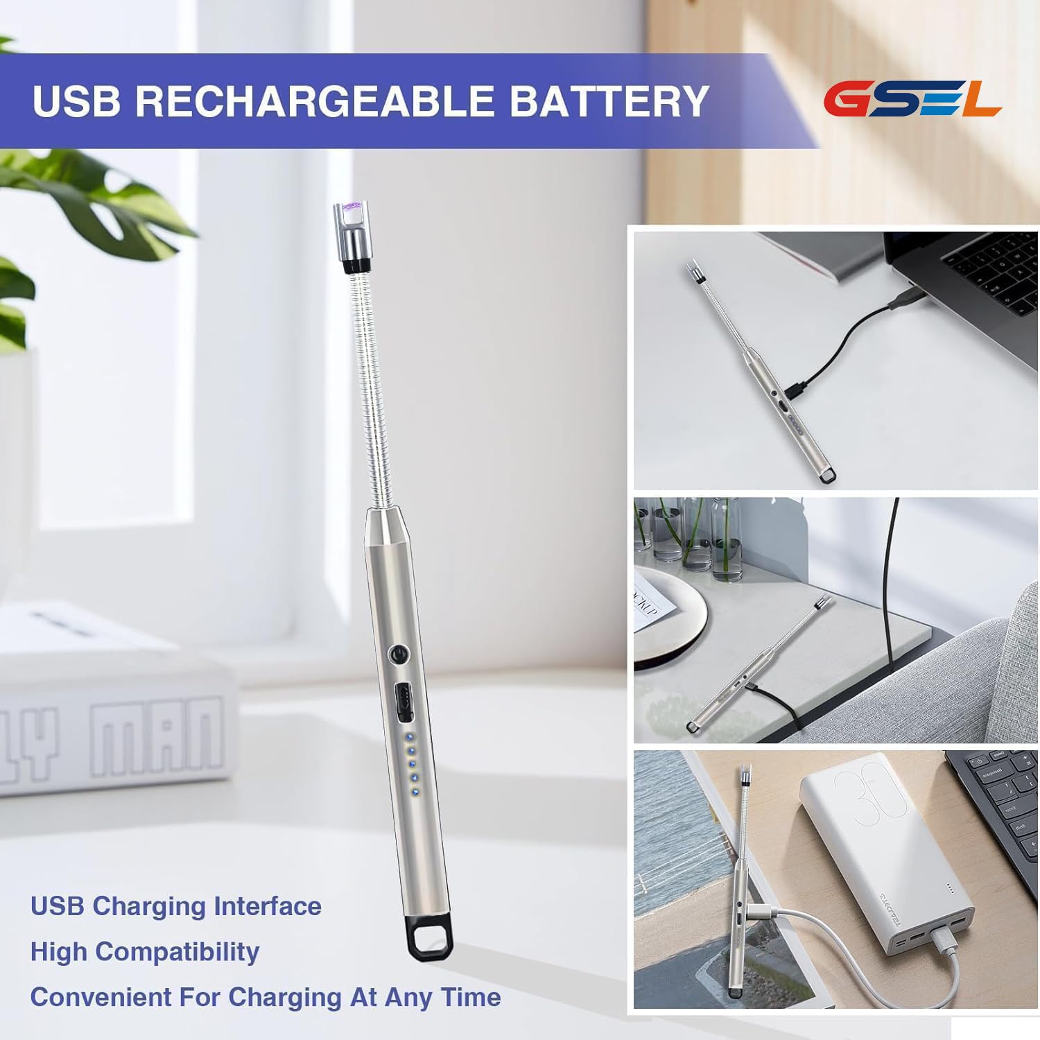 GSEL Electric Rechargeable Plasma Lighter – USB Windproof Gas Stove & Candle Lighter with 360° Flexible Neck