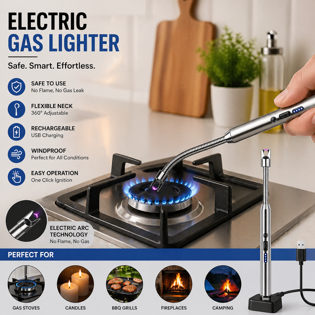 GSEL Electric Rechargeable Plasma Lighter – USB Windproof Gas Stove & Candle Lighter with 360° Flexible Neck