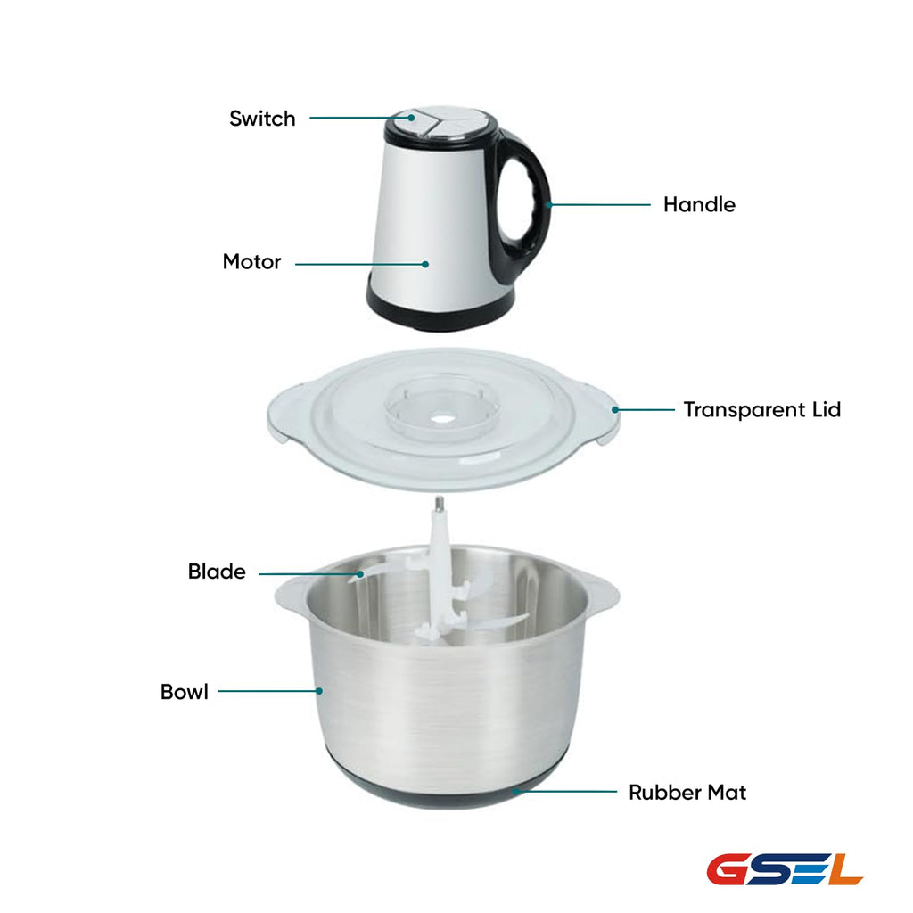 Electric Meat Chopper 250W 2L Stainless Steel | Food Processor for Meat, Vegetables & Nuts (4D Blade, 2 Speed)