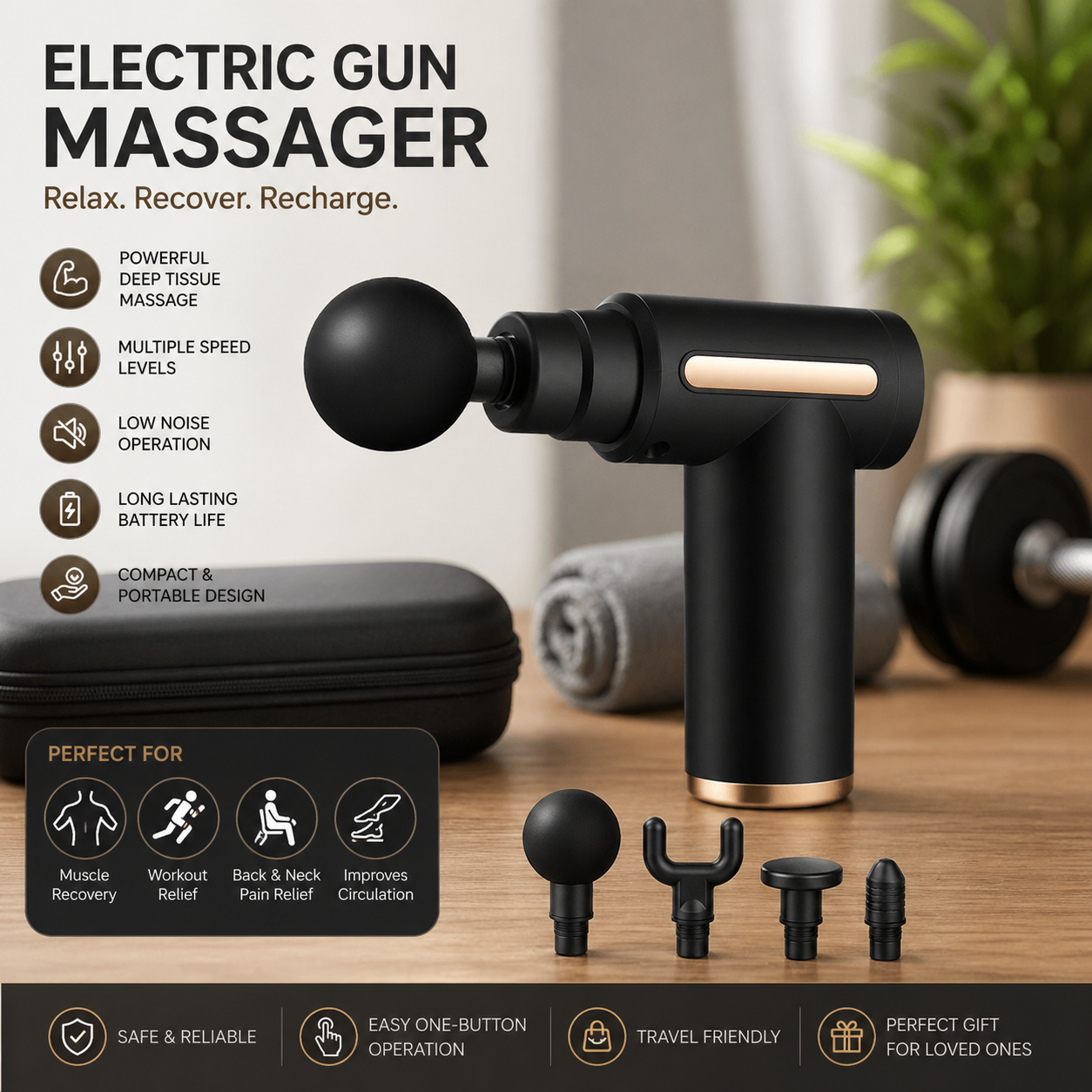 GSEL Massage Gun for Pain Relief – Deep Tissue Muscle Massager with 6 Speeds & 4 Heads | Rechargeable Fitness Recovery Device