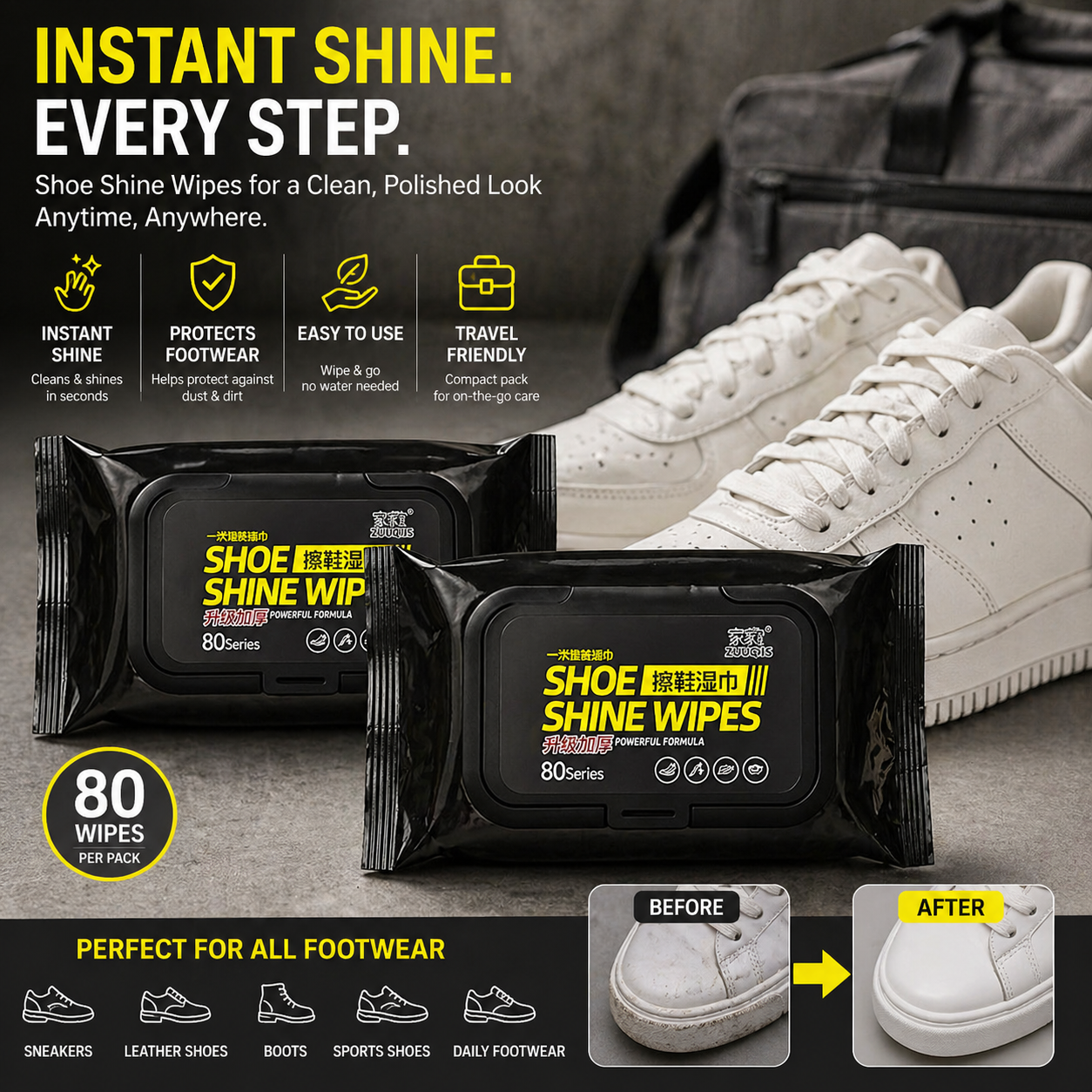 Shoe Cleaning Wipes Pack of 2 (80+80) – Instant Sneaker Cleaner Wipes | Quick Dirt & Stain Removal for Leather, Sneakers & Shoes | Portable Shoe Care Kit